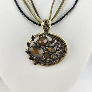 Bohemian Multi Strand Necklace Bronze Tone Pendant Gemstones Beads